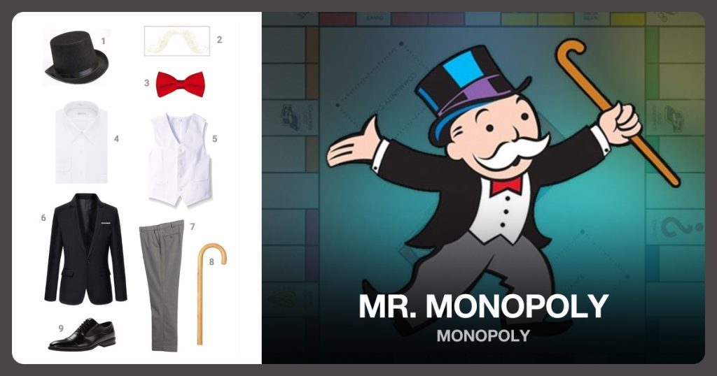 Black Felt Top Hat, Bar Style Moustache, Tuxedo Bowtie and Men’s Dress Shirt beside Mr. Monopoly