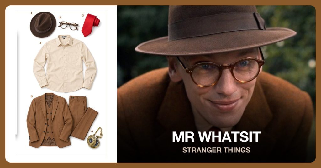 Fedora Hat, Round Glasses, Red Tie and Cream Button Up Shirt beside Mr Whatsit