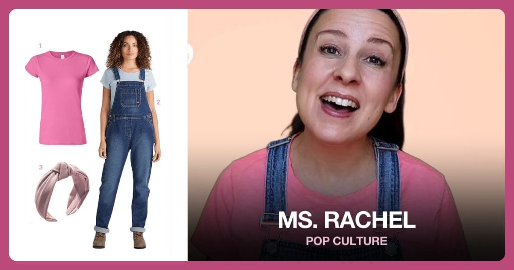 Pink Cotton T-Shirt, Women’s Denim Bib Overall and Pink Headband for Women beside Ms. Rachel