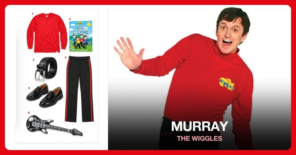 Long Sleeve Red Shirt, Wiggles Logo Sticker, Black Belt and Black Pants with Red Stripe beside Murray (The Wiggles)