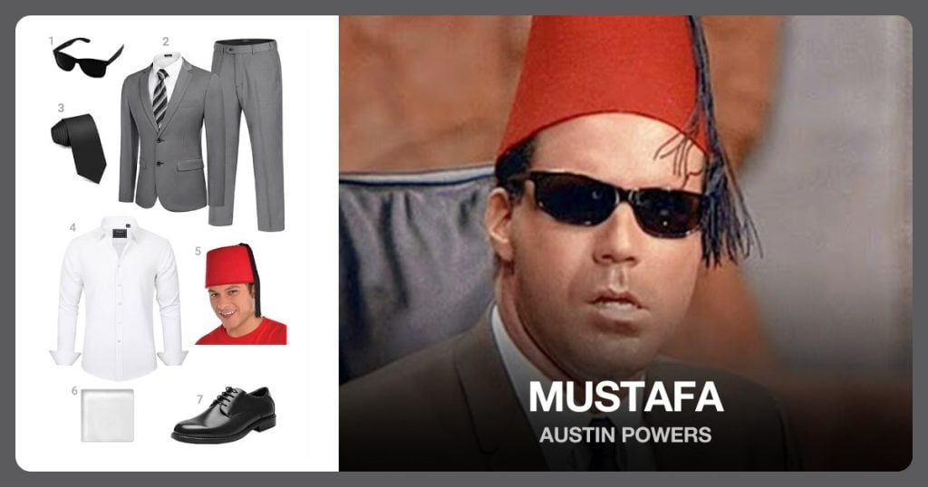 Men’s Black Dress Shoes, Men’s Gray 2 Piece Suits, Black Neck Tie and White Long Sleeve beside Mustafa
