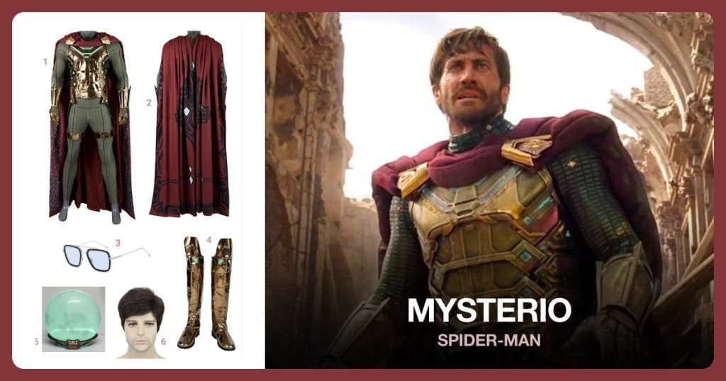 Mysterio Costume, Mysterio Cloak, Tony Stark’s Sunglasses and Mysterio Boots beside Mysterio