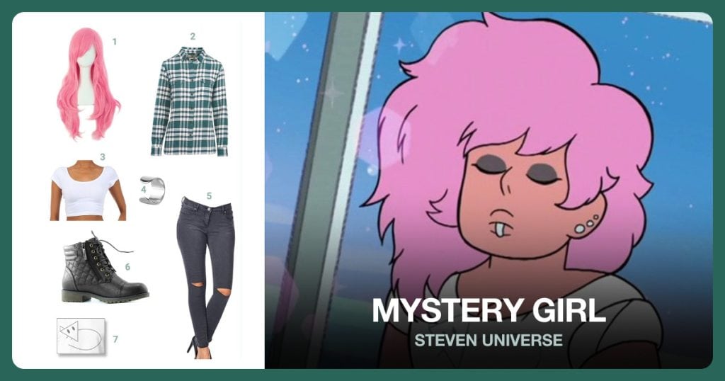 Long Curly Hair Costume Wig, Women’s Heavyweight Flannel Shirt and Scoop Neck Short Sleeve Belly T-shirt beside Mystery Girl