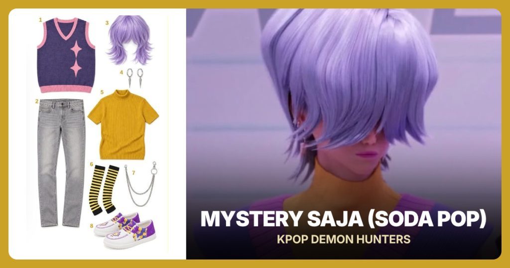Purple Vest, Light Gray Jeans, Purple Wig and Pointed Earrings beside Mystery Saja (Soda Pop)