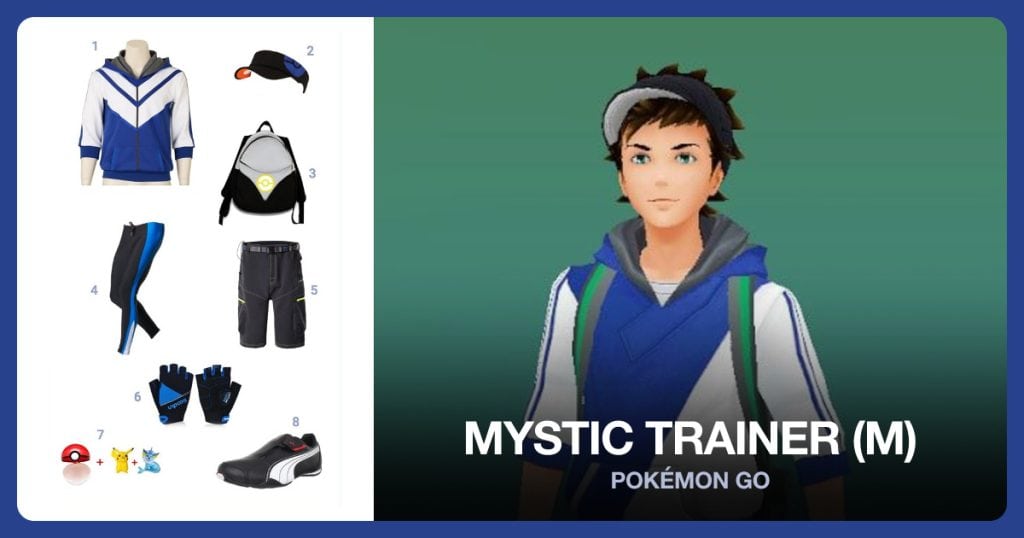 Men’s Pokemon Go Trainer Hoodie, Pokemon Go Trainer Visor Hat and Pokemon Go Backpack beside Mystic Trainer (M)