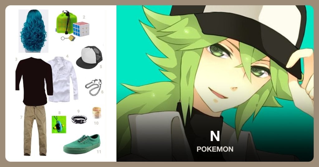 Green Wig, Rubik Cube Keychain, 3/4 Sleeve Baseball T-shirt and Long Sleeve Button Down Shirt beside N