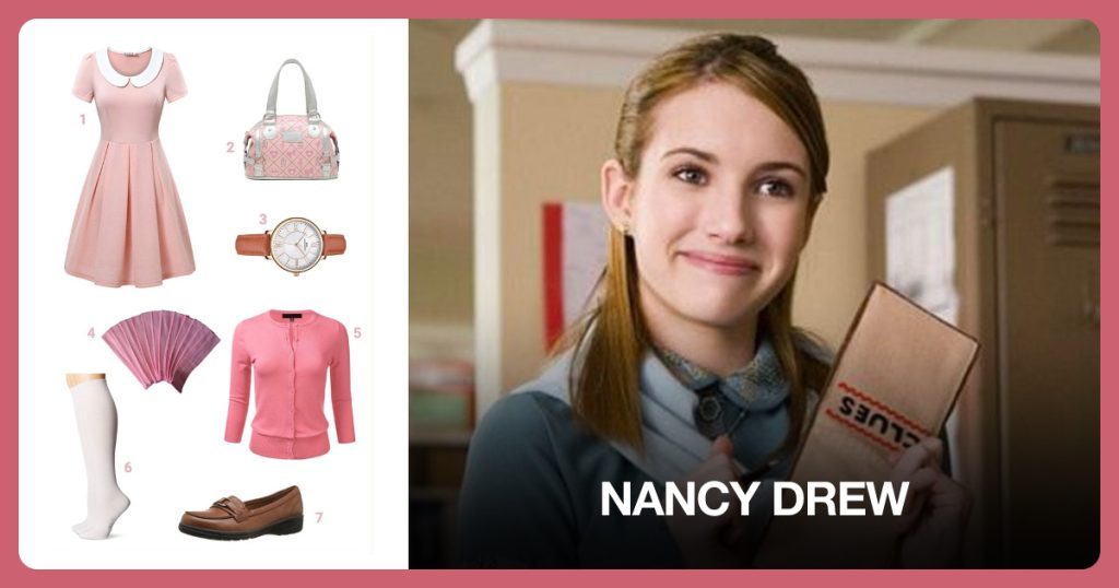 Peter Pan Collar Dress, Pink Bag, Brown Leather Watch and Pink Headband beside Nancy Drew
