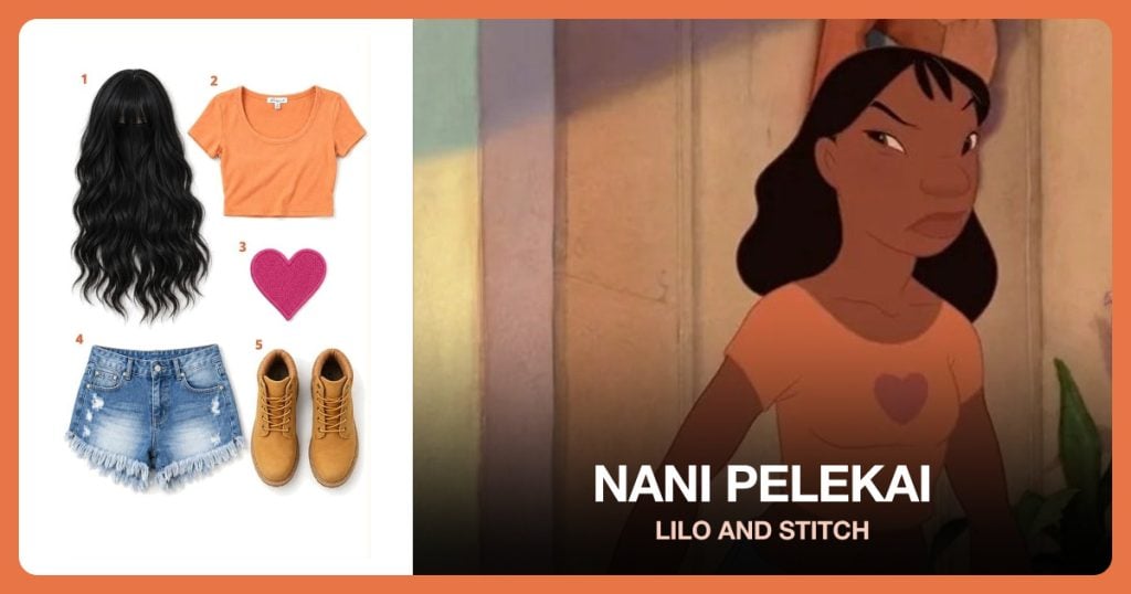Long Black Wig With Bangs, Peach Crop Top, Hot Pink Heart Patch and Light Blue Frayed Denim Shorts beside Nani Pelekai