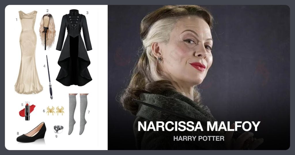 Champagne  Mermaid Sleeveless Gown, Ombre Blonde Lace Front Wig, Renaissance Gothic Tailcoat and Magical Wand beside Narcissa Malfoy