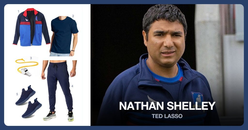 Football Coach Sports Jacket, Men’s Navy Blue Shirt, Stainless Steel Whistle and Men’s Sweatpants Navy Blue beside Nathan Shelley