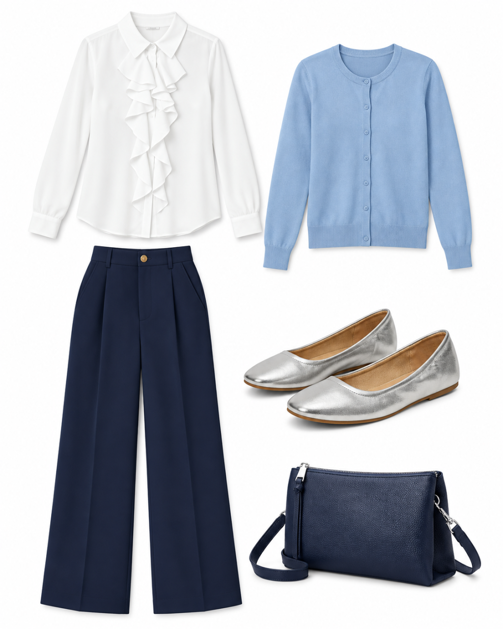 White ruffle blouse, powder-blue cardigan, navy trousers, silver flats and navy crossbody laid flat