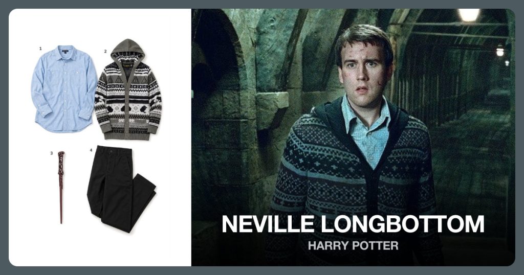 Light Blue Button Down Chambray Shirt, Neville Fair Isle Hooded Cardigan, Wizard Wand and Black Chino Pants beside Neville Longbottom