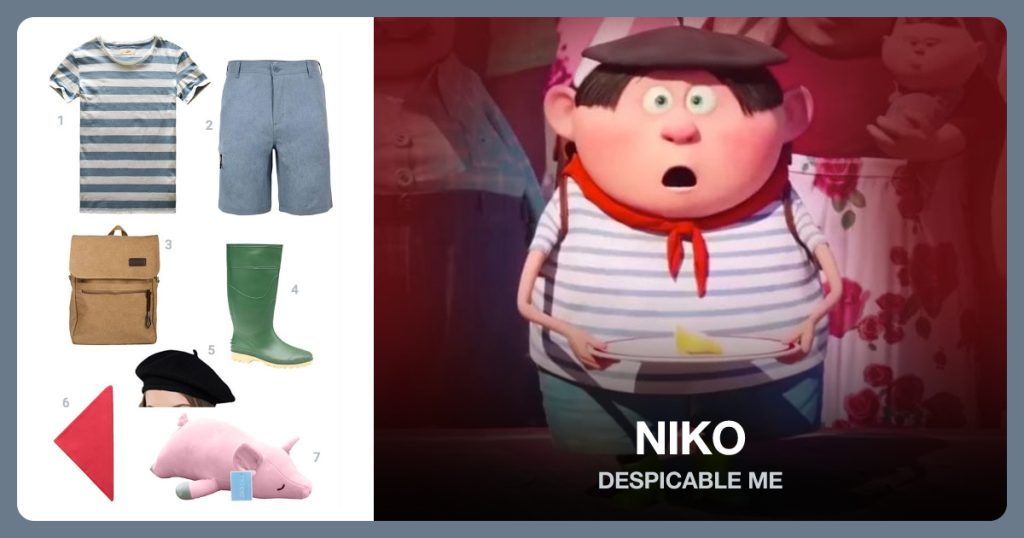 Niko costume from Despicable Me: Blue Striped Shirt, Blue Shorts, Brown Backpack, Green Rain Boots