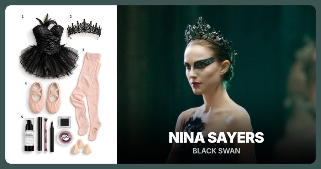 Black Swan Tutu Costume, Black Crystal Crown, Ballet Pink Tights and Pink Ballet Slippers beside Nina Sayers