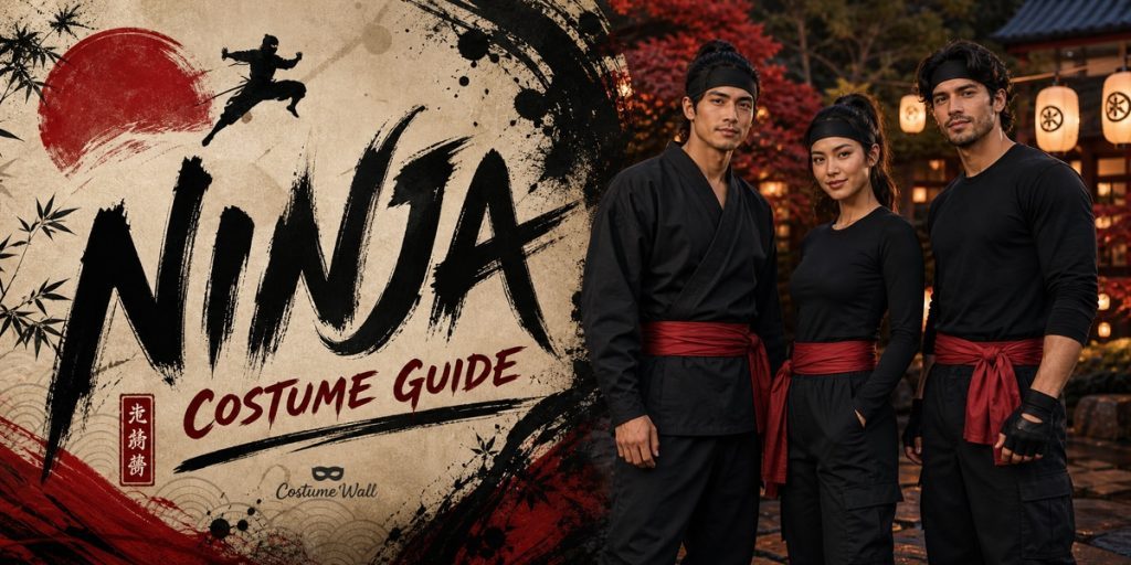 Men’s Black Ninja Costume, Women’s Black Compression Top and Men’s Black Long Sleeve Tee beside Ninja
