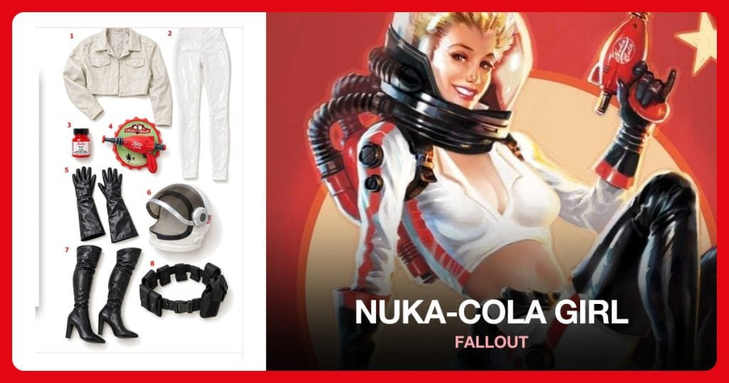 White Cropped Jacket, White Leather Pants, Red Acrylic Paint and Thirst Zapper Prop beside Nuka-Cola Girl