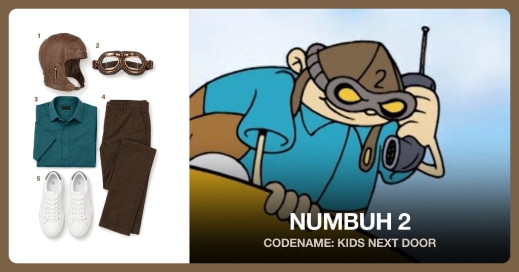Brown Aviator Helmet, Round Aviator Goggles, Teal Button-Down Shirt and Brown Trousers beside Numbuh 2