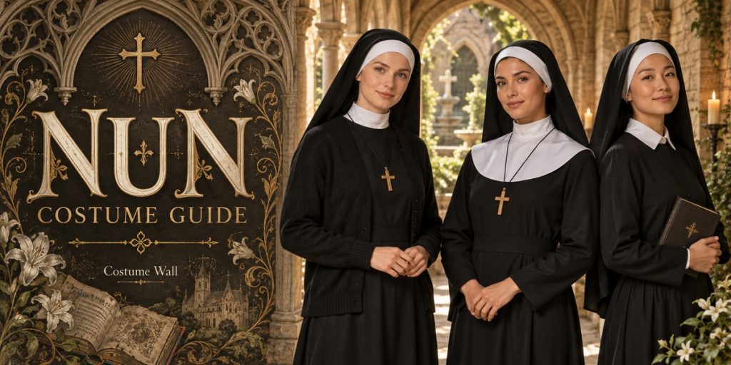Esaleely Nun Habit, Black Maxi Dress, Black Button Blouse and Black Maxi Skirt beside Nun