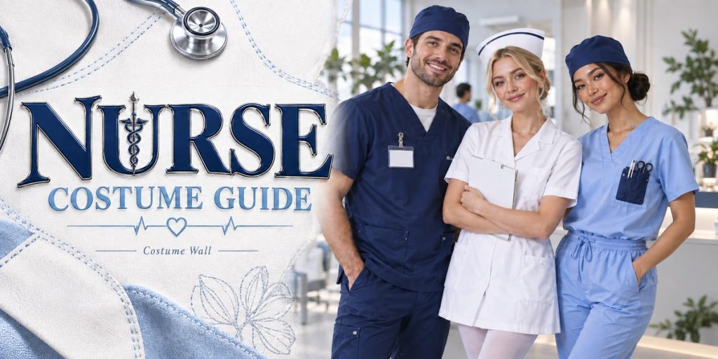 Navy Scrub Set, Light Blue Scrub Set, White Nurse Set and Blue Apron Nurse Set beside Nurse