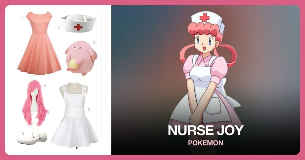 Sleeveless Dress, Nurses Cap, Chansey Plush and Pink Wig beside Nurse Joy