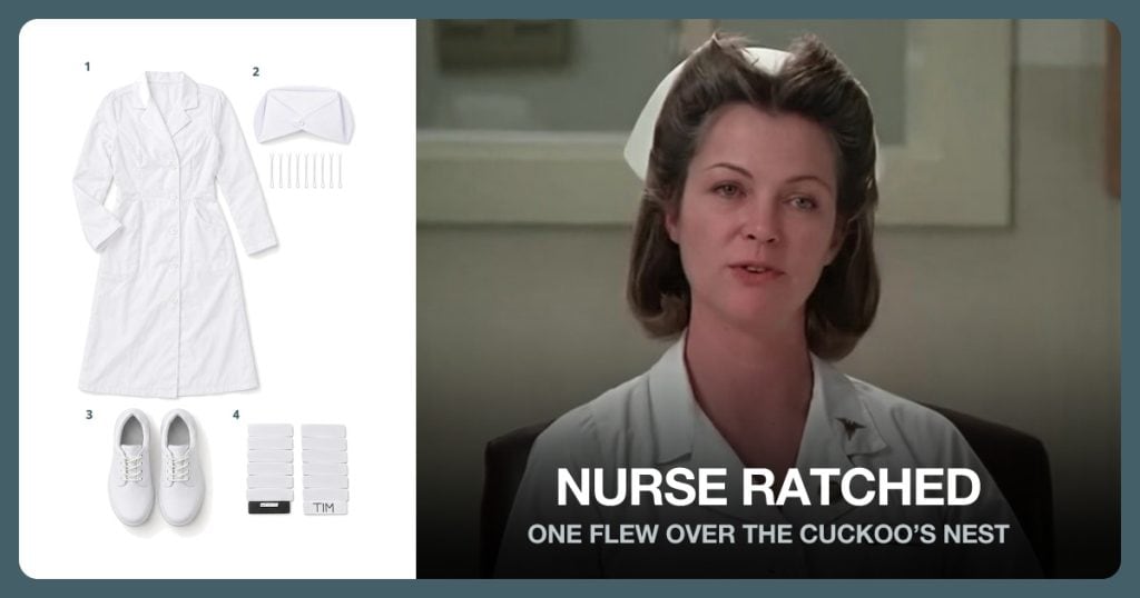 White Nurse Dress, White Nurse Cap, White Nursing Shoes and Blank White Name Tag beside Nurse Ratched