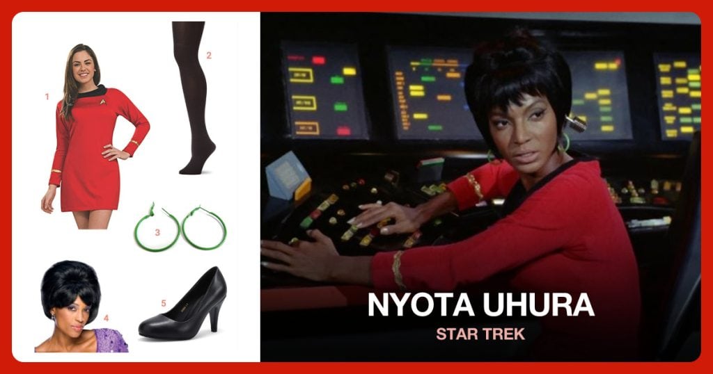 Star Trek Dress, Black Stockings, Hoop Earrings and Nyota Uhura Wig beside Nyota Uhura