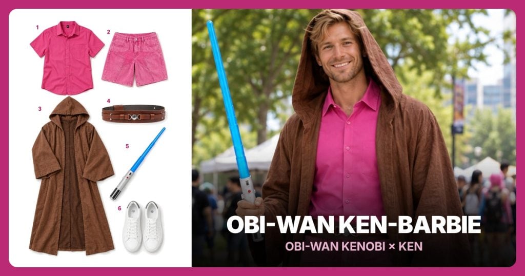 Pink Button Down Shirt, Pink Denim Shorts, Brown Jedi Robe and Brown Jedi Utility Belt beside Obi-Wan Ken-Barbie