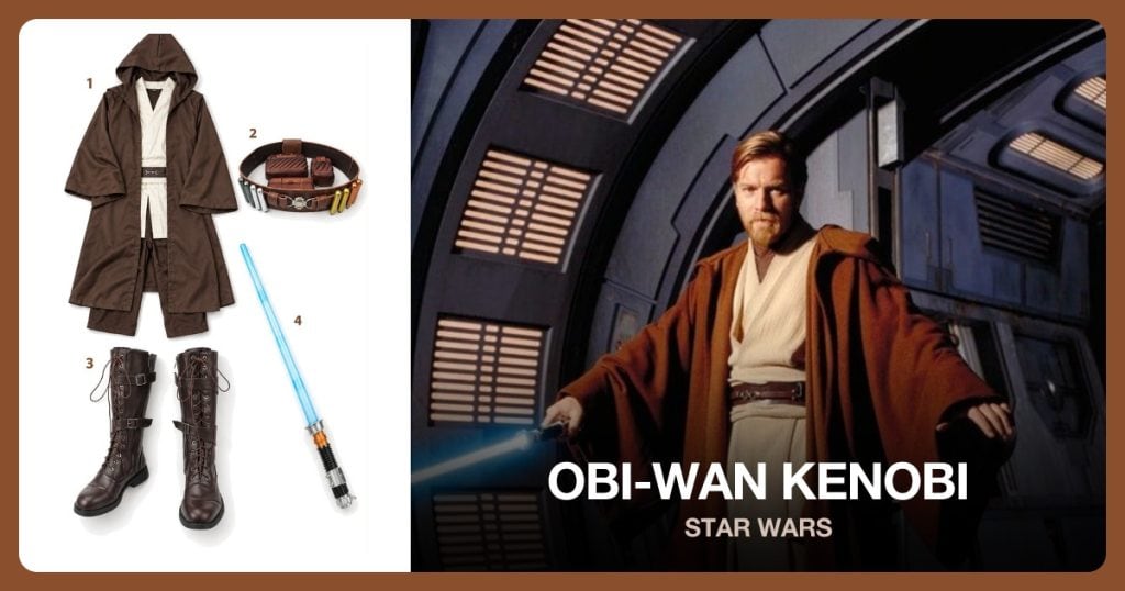 Jedi Tunic Costume Set, Jedi Utility Belt, Brown Jedi Boots and Blue Lightsaber Prop beside Obi-Wan Kenobi