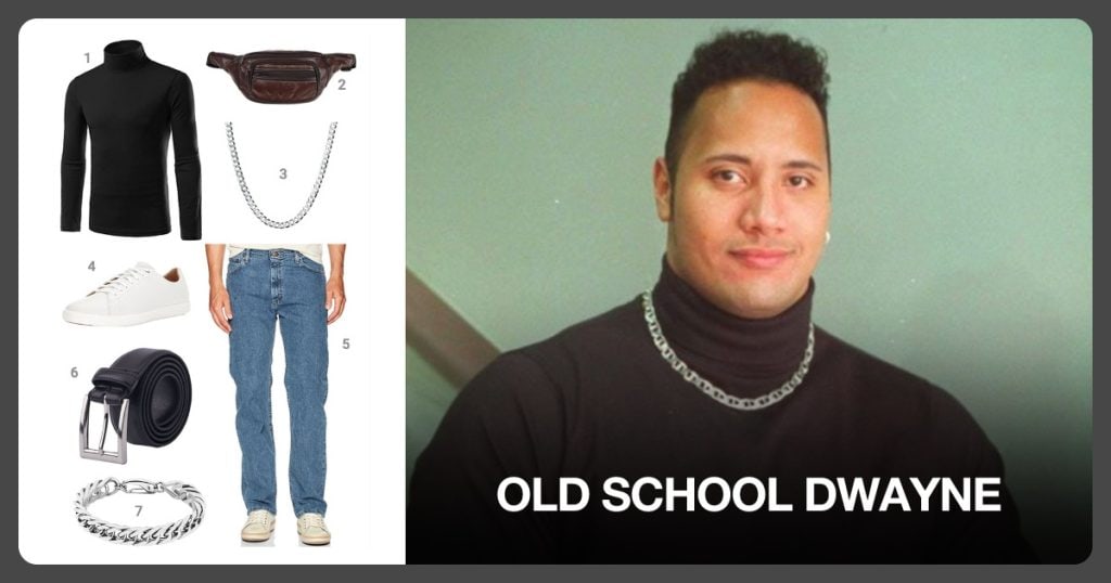 Turtle Neck Shirt, Brown Fanny Pack, Silver Chain Necklace and White Sneakers beside Old School Dwayne
