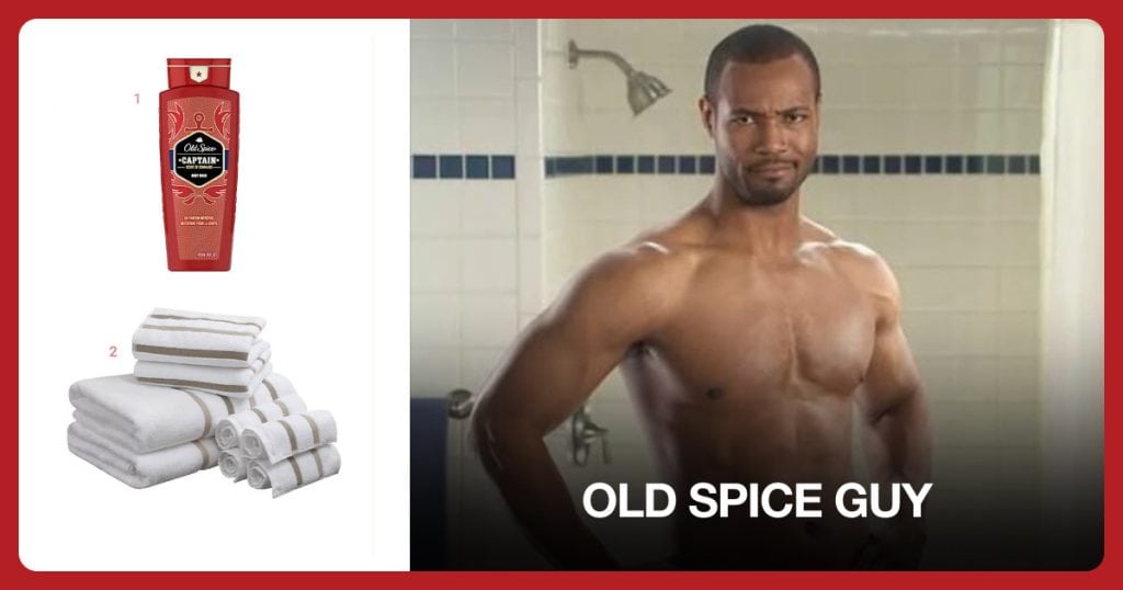 Old Spice Body Wash and Bath Towel beside Old Spice Guy