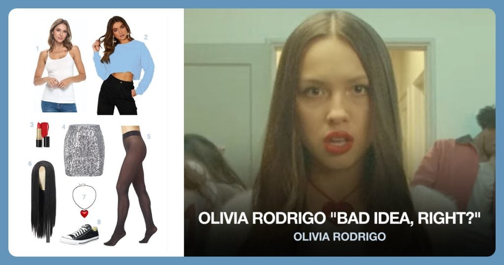 Women’s Camisole Tank Top, Crop Sweatshirt, Red Lipstick and Women’s Sequin Skirt beside Olivia Rodrigo "Bad Idea, Right?"