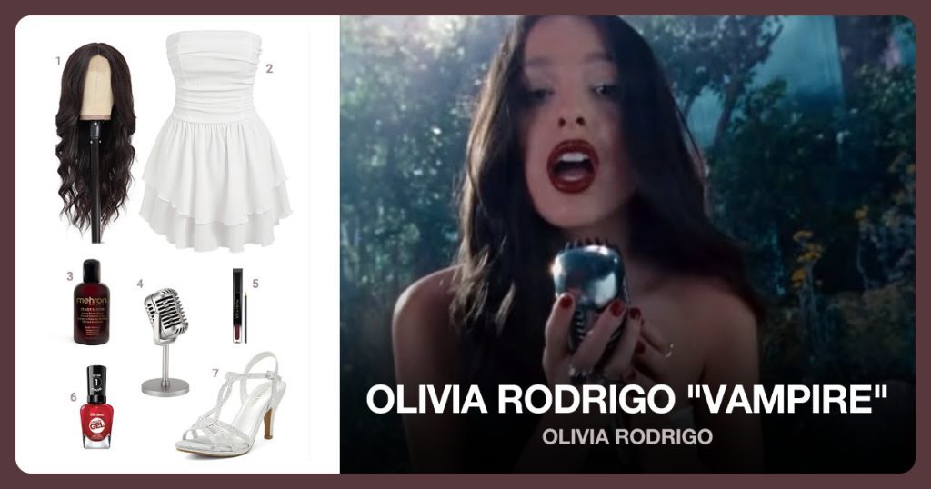 Long Dark Brown Wavy Wig, Women’s Tube Ruched Ruffle, Fake Blood and Classic Retro Style Microphone Prop beside Olivia Rodrigo "Vampire"