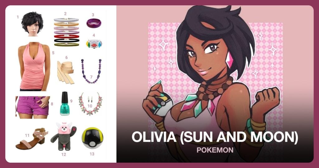 Black Curly Wig, Assorted Leather Chokers, Turquoise/Purple Bangles and Pokemon Z Ring beside Olivia (Sun and Moon)