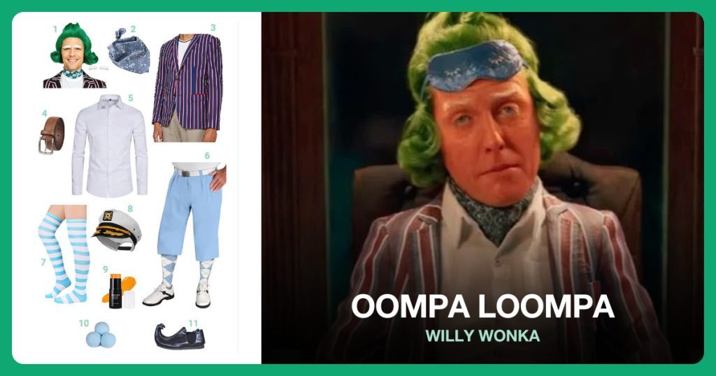 Green Styled Cosplay Wig, Cotton Neckerchief for Men, Men’s Cheer Stripes Supportswear and Brown Belt beside Oompa Loompa
