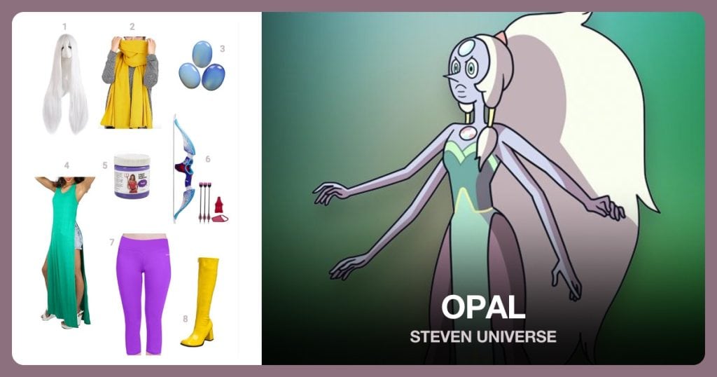 Long White Wig, Long Yellow Scarf, 3-Piece Flat Back Gem Stone and Green Double Split Maxi Dress beside Opal