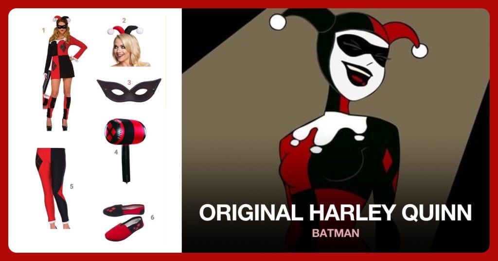 Harley Quinn Dress, Harley Quinn Headband, Harlequin Mask and Harley Quinn Inflatable Mallet beside Original Harley Quinn