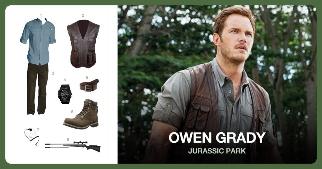 Owen Grady costume from Jurassic Park: Blue Heron Long-Sleeve Shirt, Genuine Leather Vest, Sand-Washed Straight-Fit Chinos