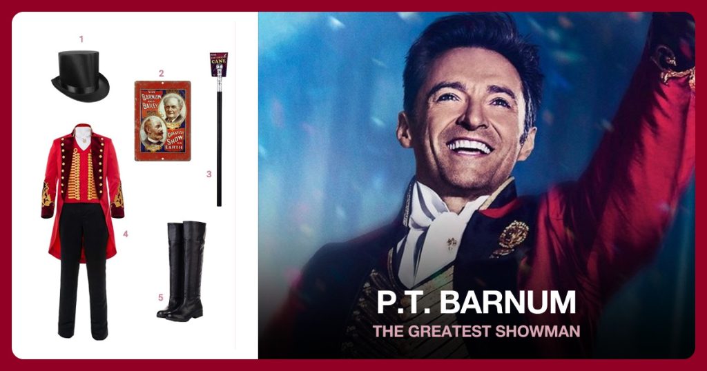 Ringmaster Top Hat, Rusty Walls Sign Shop, Walking Cane and Circus Outfit beside P.T. Barnum