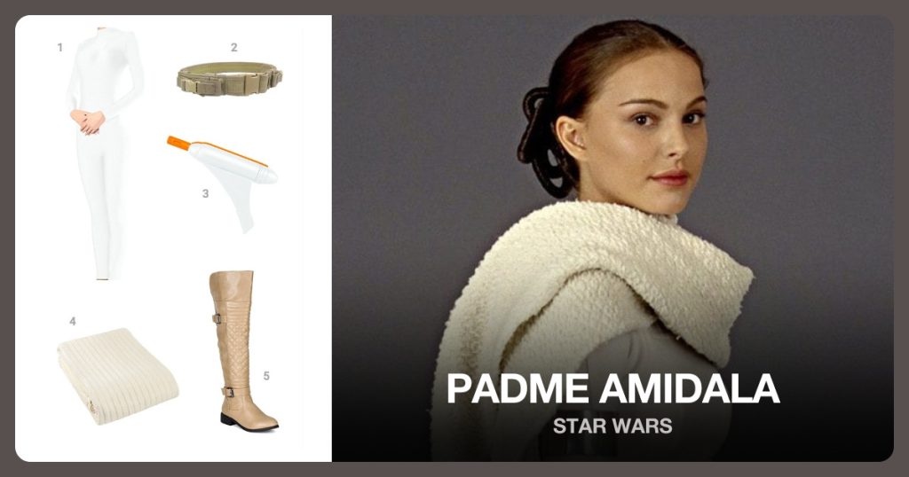 White Long Sleeve Bodysuit, Tactical Belt, Padme’s Gun and Creme Blanket beside Padme Amidala
