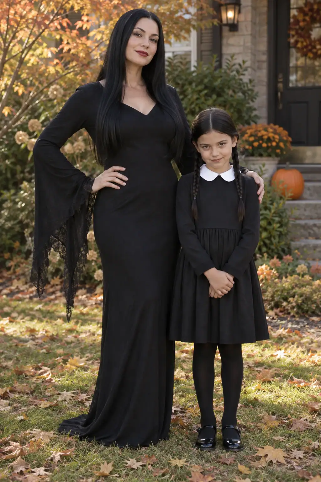 A mother and daughter wearing classic Morticia and Wednesday Addams costumes