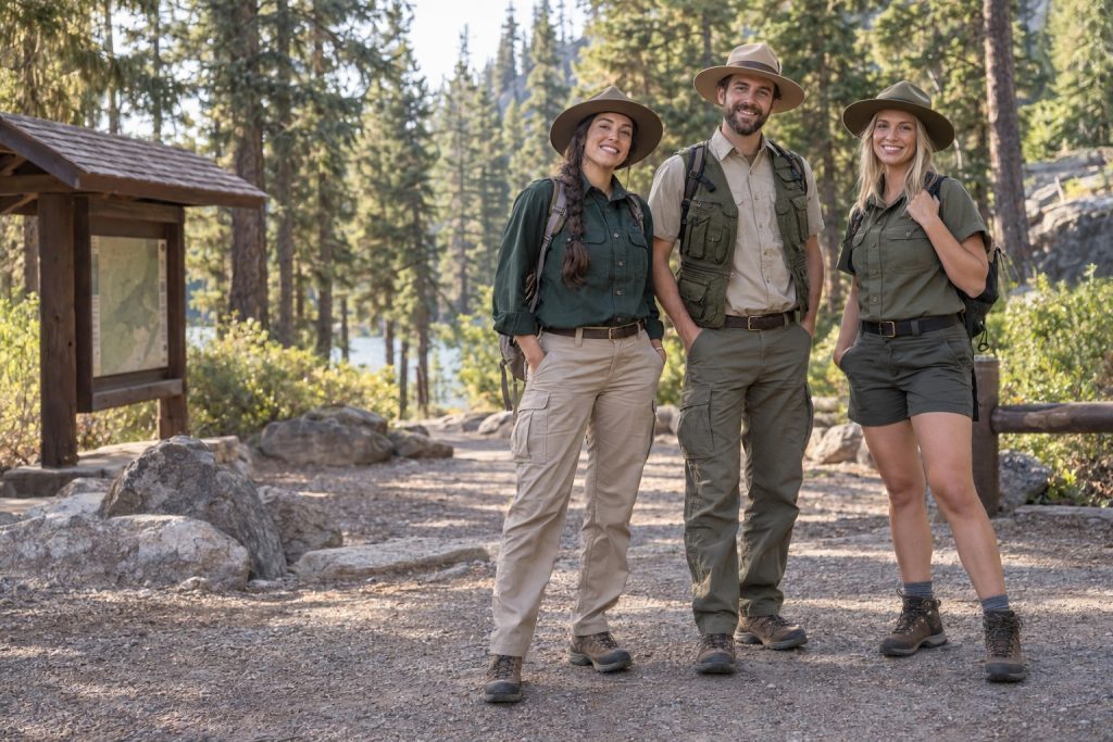 Three adults in coordinated park ranger costumes