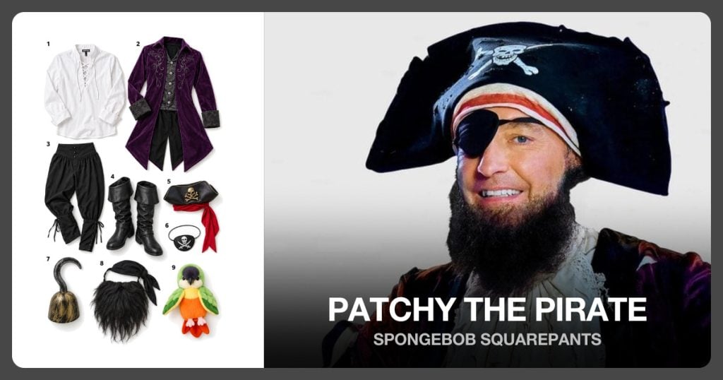 White Renaissance Top, Purple Medieval Coat, Black Medieval Pants and Black Pirate Boots beside Patchy the Pirate