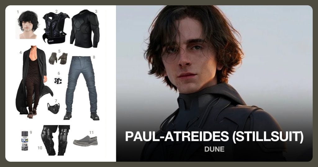 Men Short Wavy Black Wig, Black Armor Vest, Men’s Padded Protective Gear Set and Open Front Long Cape beside Paul-Atreides (Stillsuit)