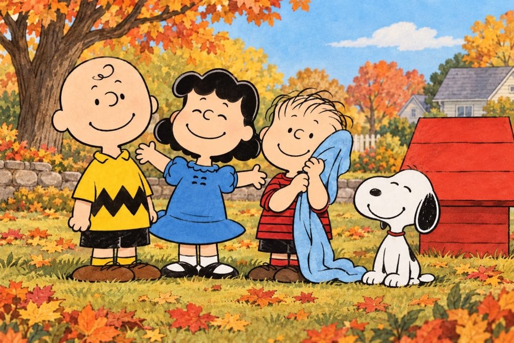 Charlie Brown, Lucy, Linus and Snoopy in an autumn park