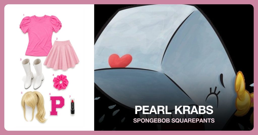 Dark Pink Puff Sleeve Shirt, Pink Flared Skirt, White Boots and Hair Scrunchie beside Pearl Krabs
