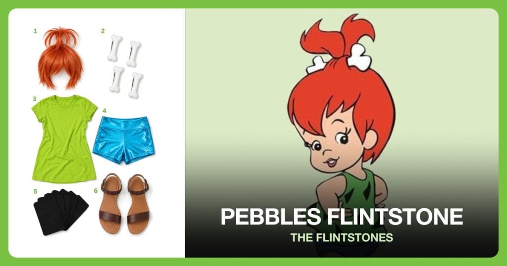 Short Orange Ponytail Wig, White Bone Hair Clip, Lime Green Tunic and Turquoise Shorts beside Pebbles Flintstone
