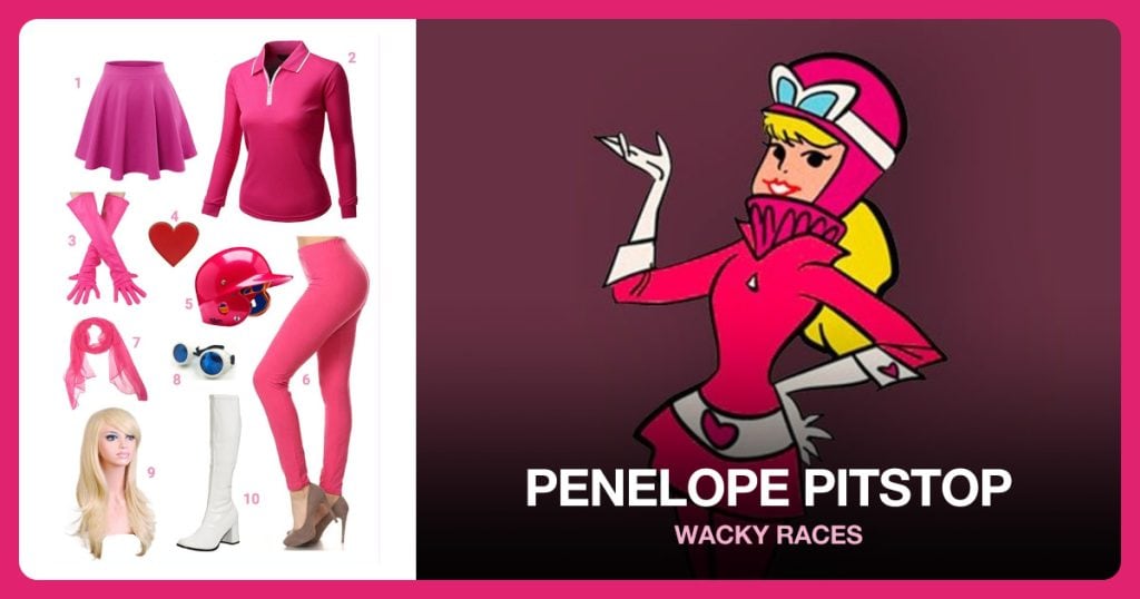 Flared Skater Skirt, Long sleeve Polo T-shirt, Leather Gloves and Red Heart Lapel Pin beside Penelope Pitstop