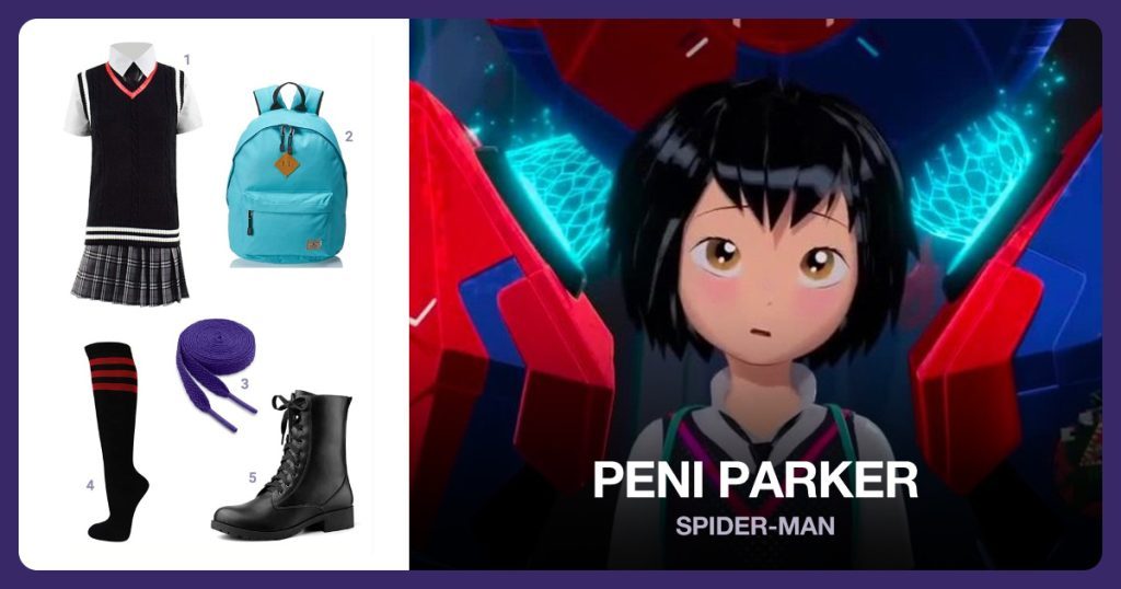 Peni Parker Costume, Aqua Blue Backpack, Purple Shoelaces and Black Striped Tube Socks beside Peni Parker