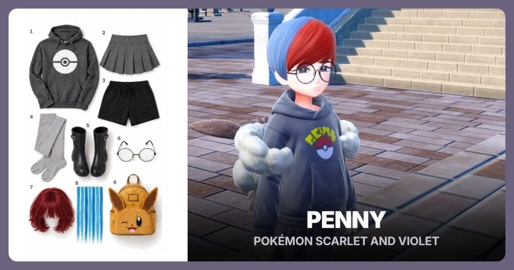 Poké Ball Hoodie, Gray Pleated Skirt, Black Shorts and Gray Tights beside Penny