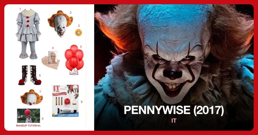 Pennywise Cosplay Costume, Pennywise Mask, Pennywise Contact Lenses and Latex Bald Cap beside Pennywise (2017)